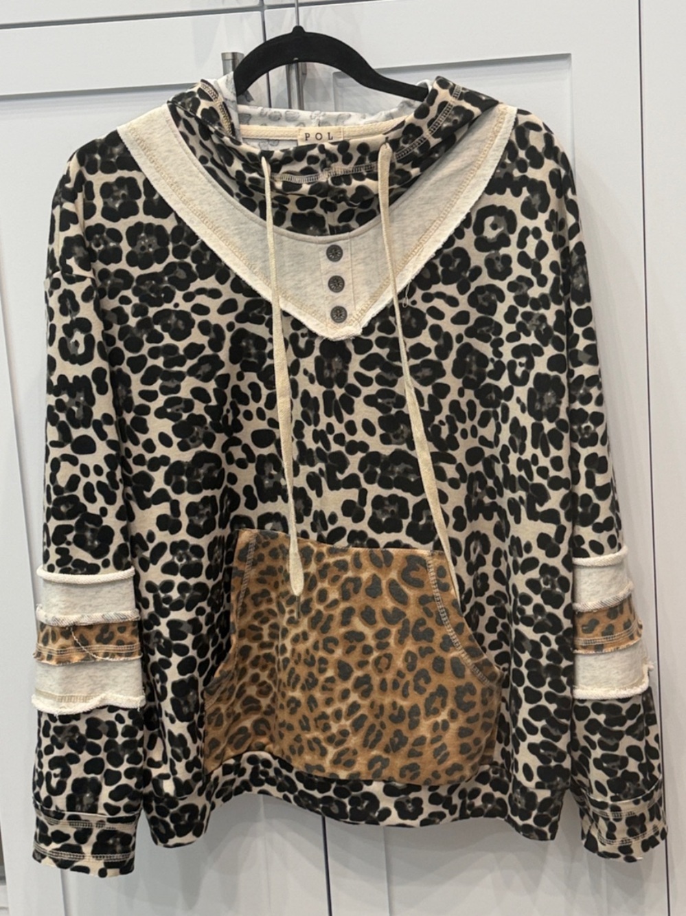 POL Leopard Print Raw Hem Hoodie Sz S